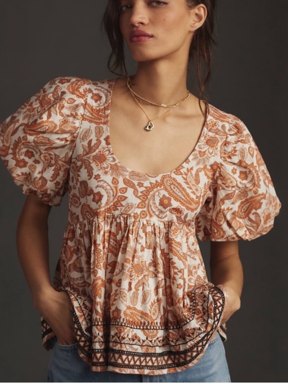 Anthropologie Puff-Sleeve Paisley Embroidered Top